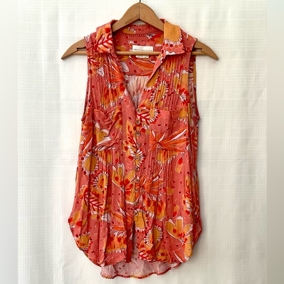 Anthropologie Tops - Anthropologie Artistic floral print Pink and Orange Blouse